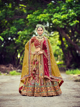 2026 elegant musterd and lovely maroon designer bridal lehenga choli with double dupatta..