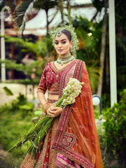 Dark red & Musterd 2026 premium handwork bridal lehenga choli with double dupatta. a kind of rajwadi collection