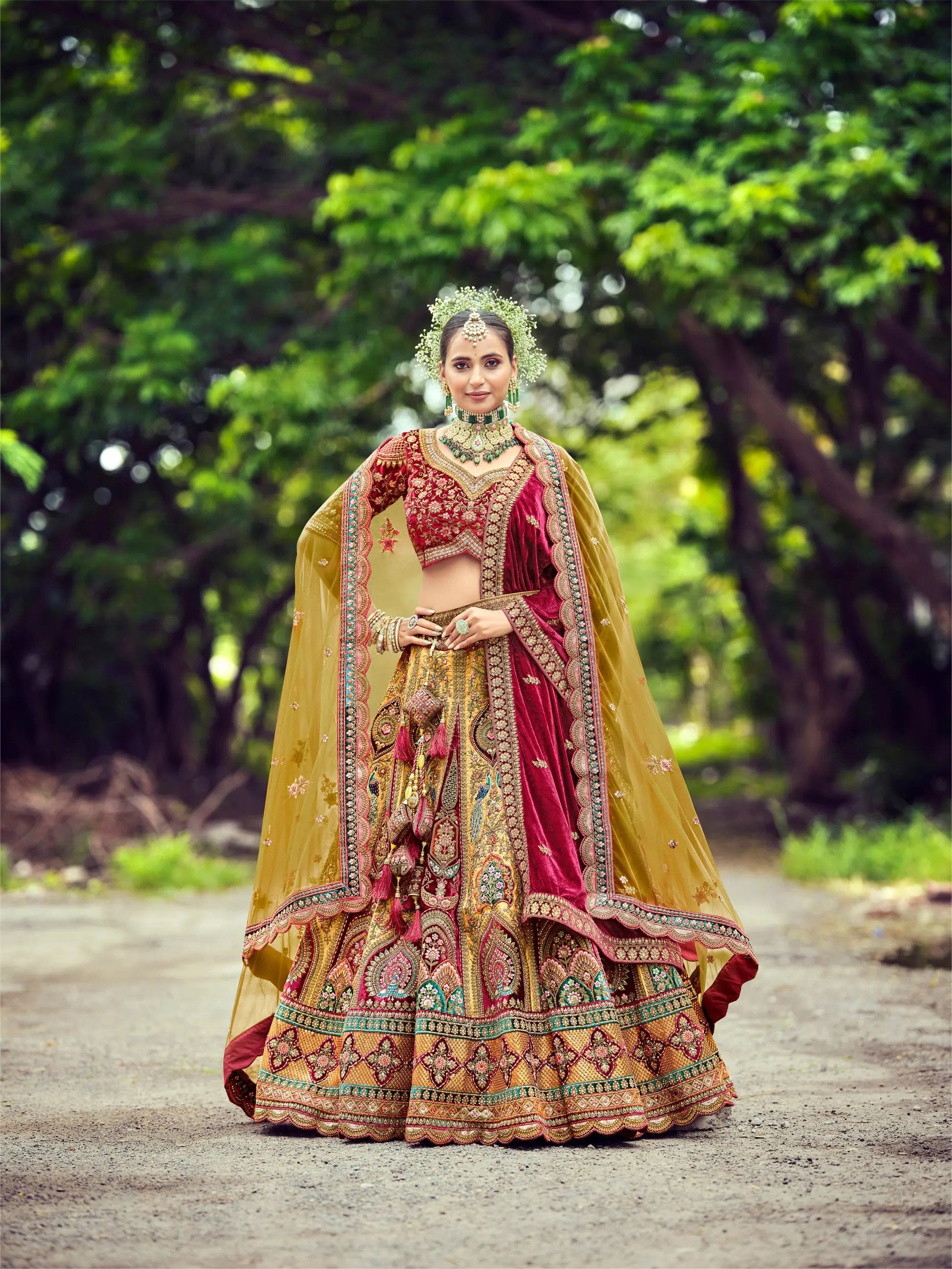 2026 elegant musterd  and lovely maroon designer bridal lehenga choli with double dupatta..