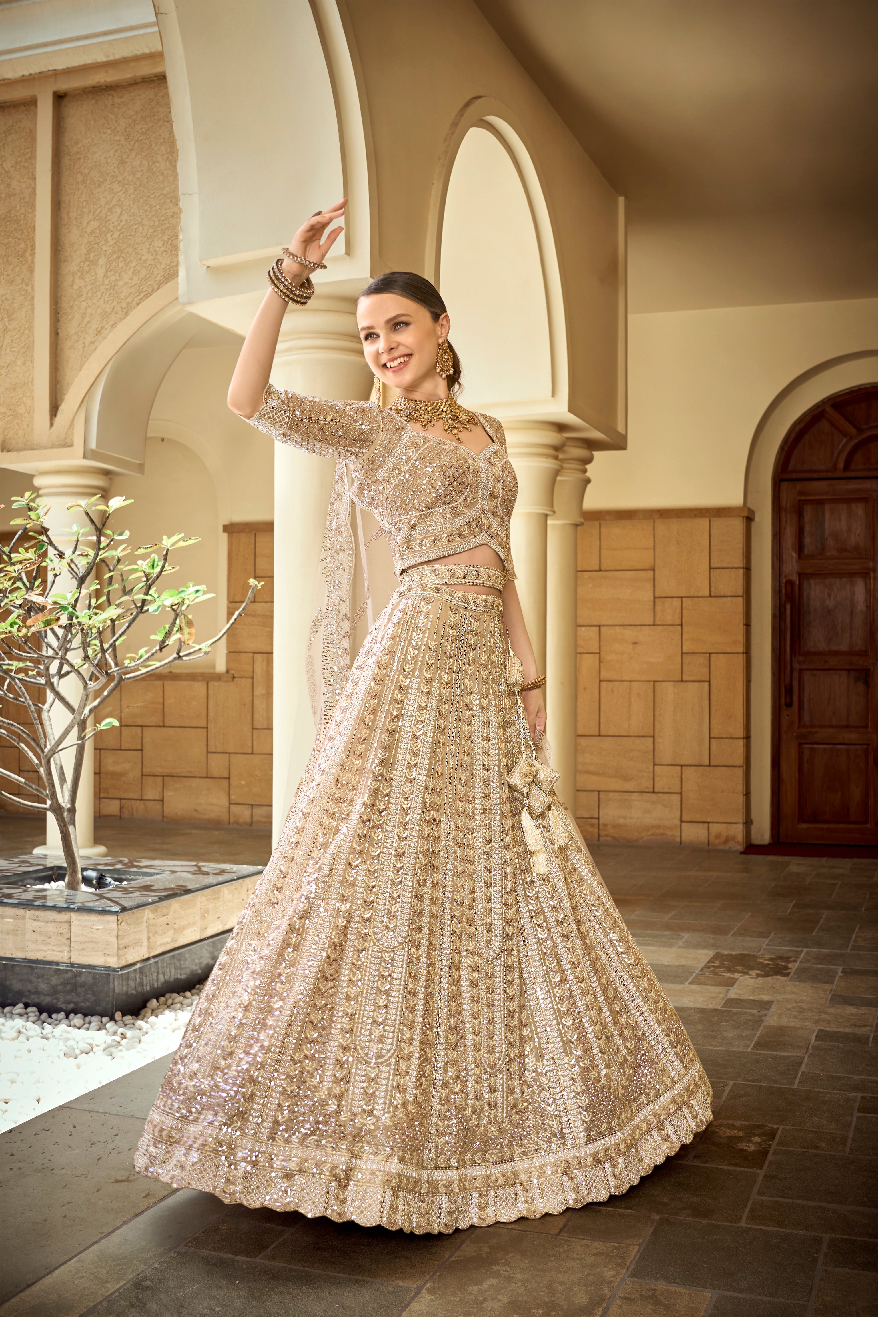seema gujaral Beige color Reception wear VIRAL designer lehenga choli...