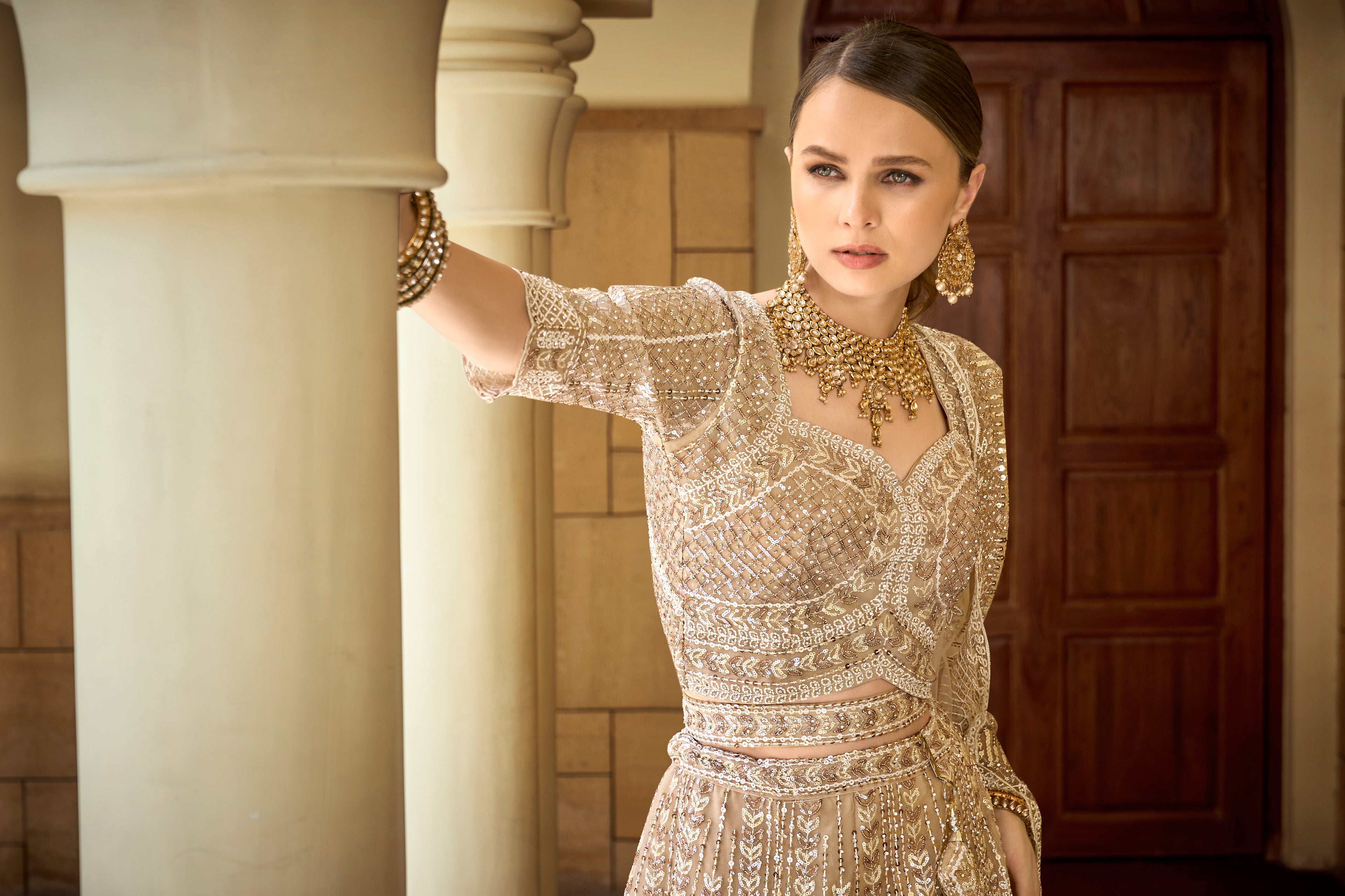 seema gujaral Beige color Reception wear VIRAL designer lehenga choli...