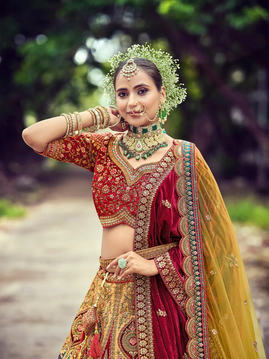 2026 elegant musterd  and lovely maroon designer bridal lehenga choli with double dupatta..