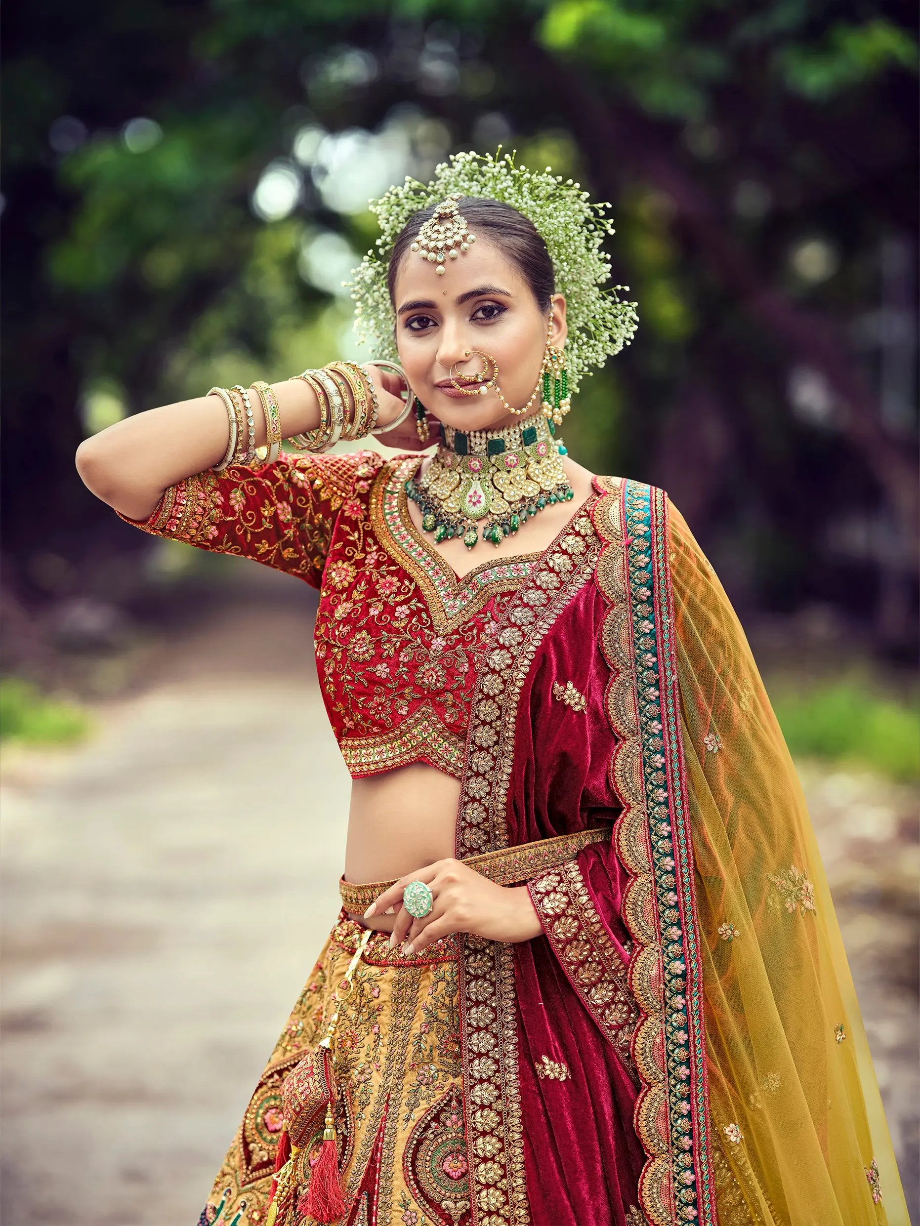 2026 elegant musterd  and lovely maroon designer bridal lehenga choli with double dupatta..