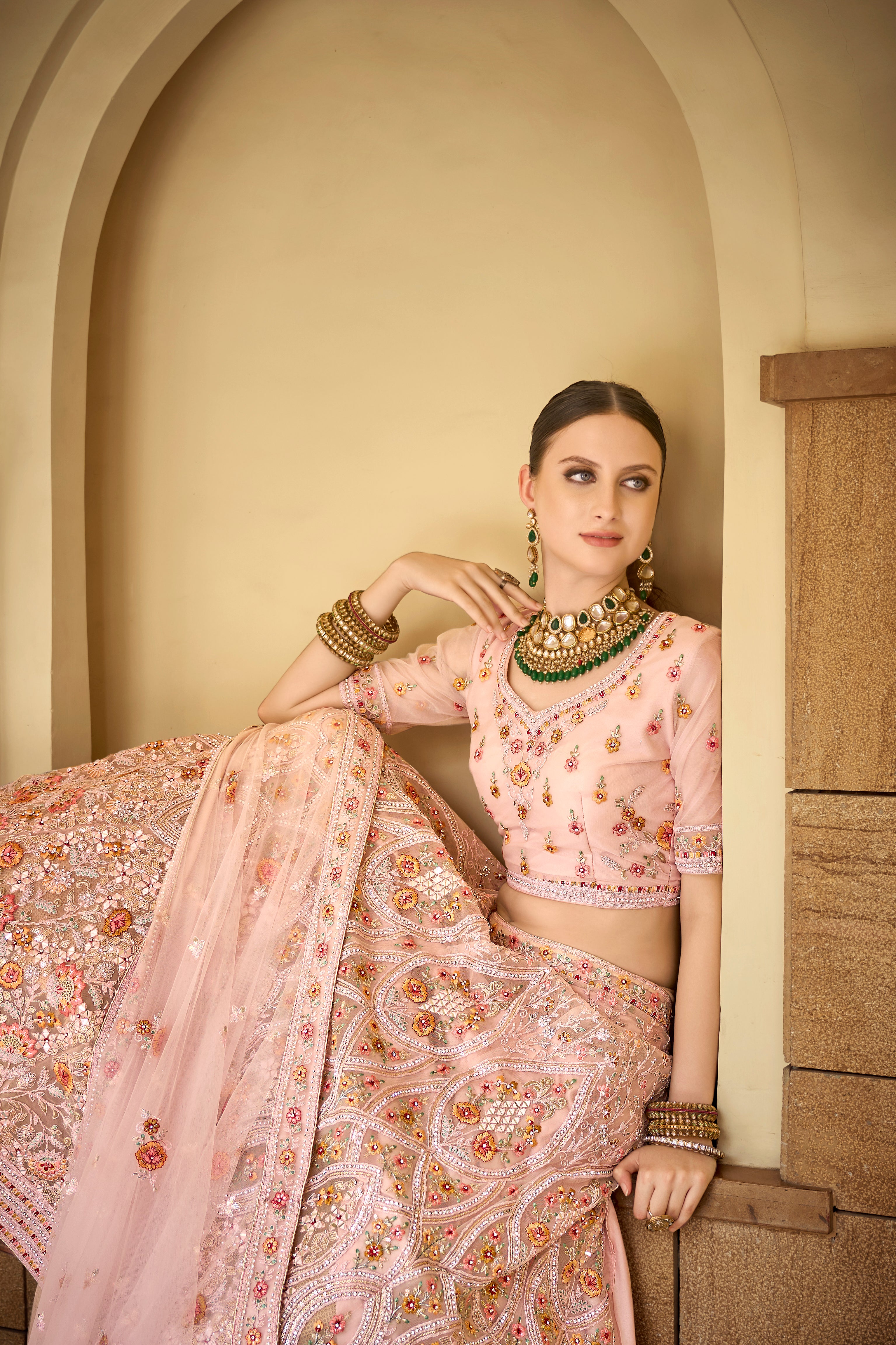 Net Heavy premium Embroidered pink Color lehenga with Sequins Work Using Zarkan & hand work Mirror Semi-Stitched Lehenga Choli.