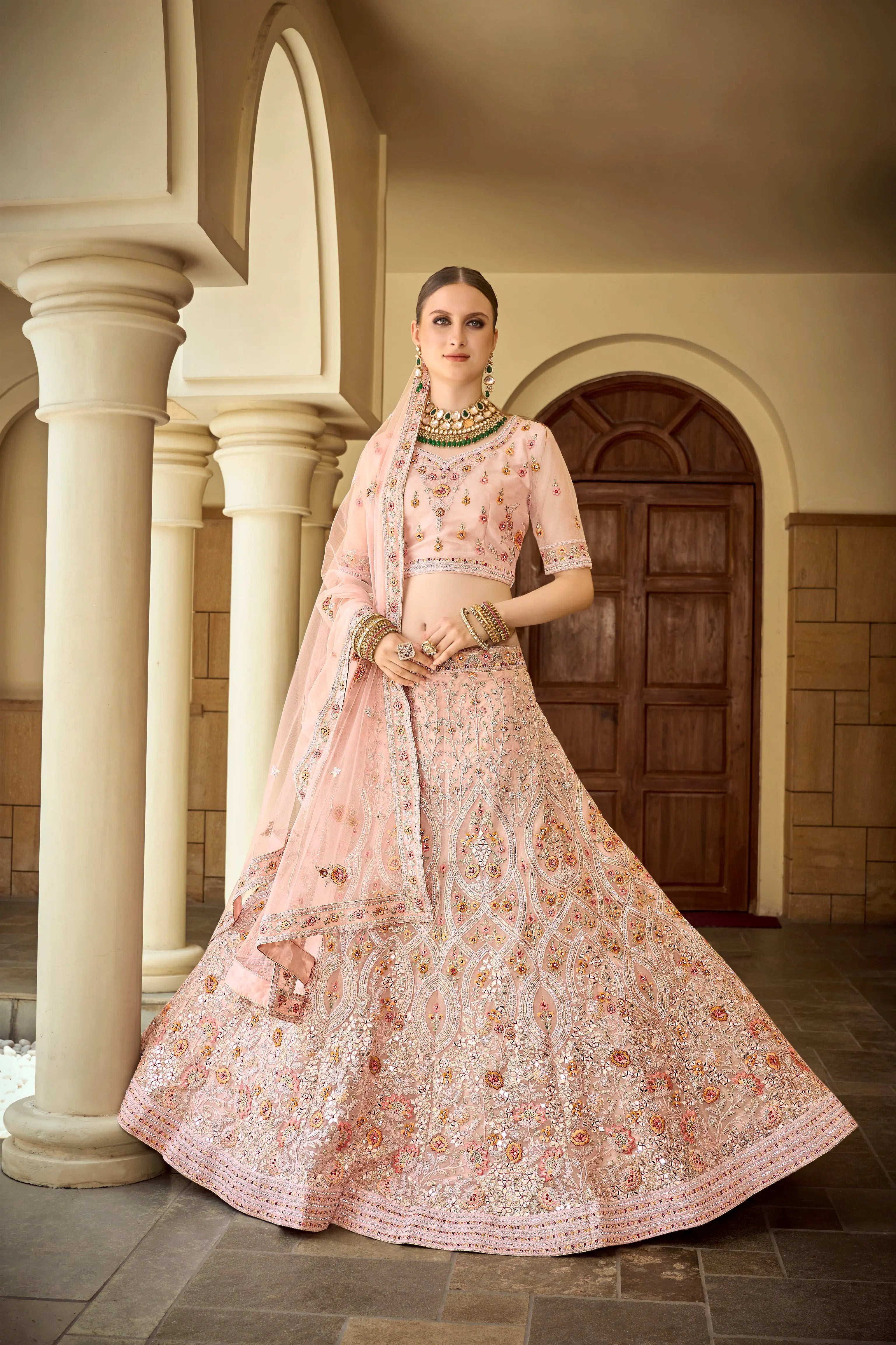 Net Heavy premium Embroidered pink Color lehenga with Sequins Work Using Zarkan & hand work Mirror Semi-Stitched Lehenga Choli.