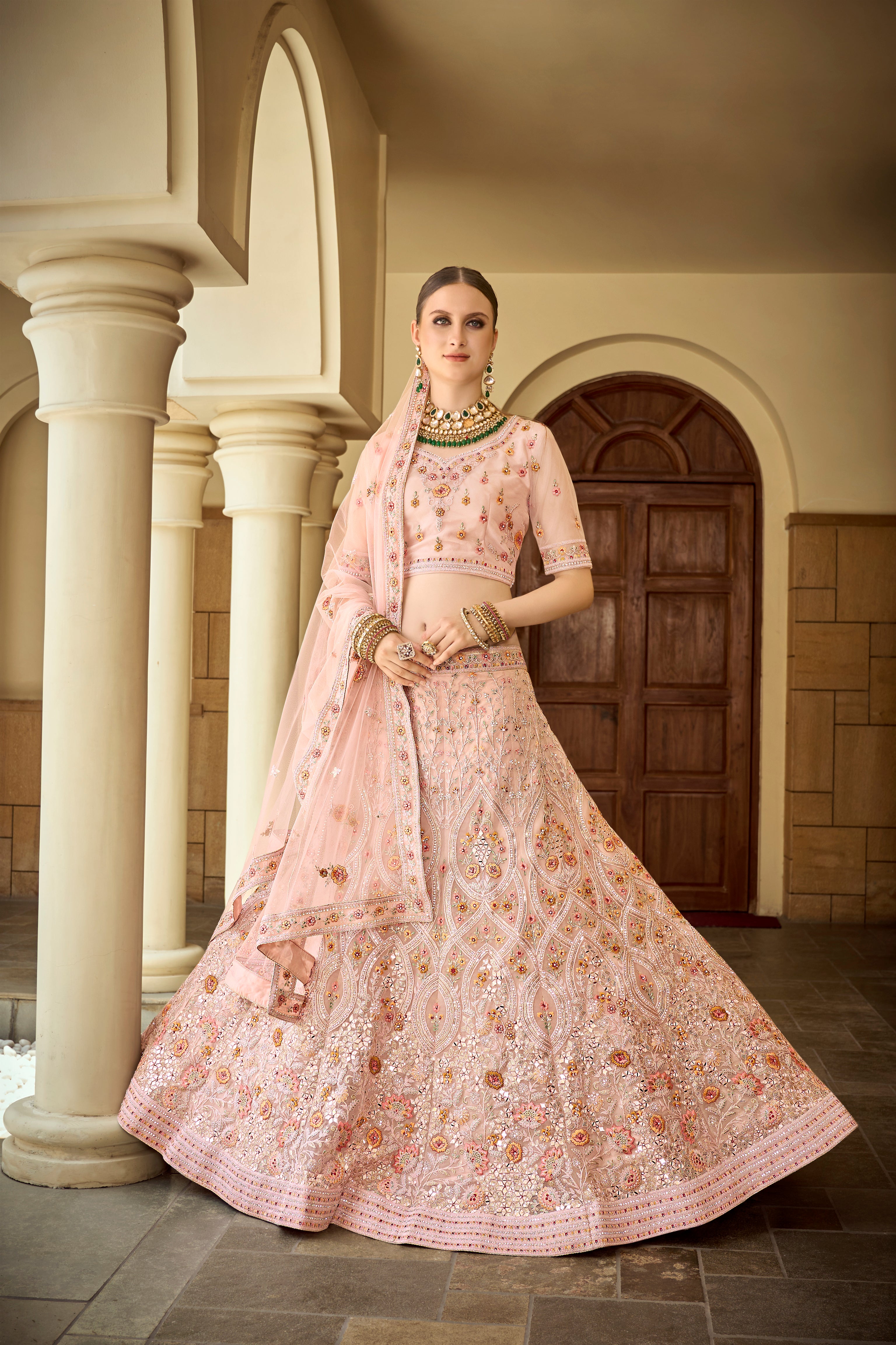 Net Heavy premium Embroidered pink Color lehenga with Sequins Work Using Zarkan & hand work Mirror Semi-Stitched Lehenga Choli.