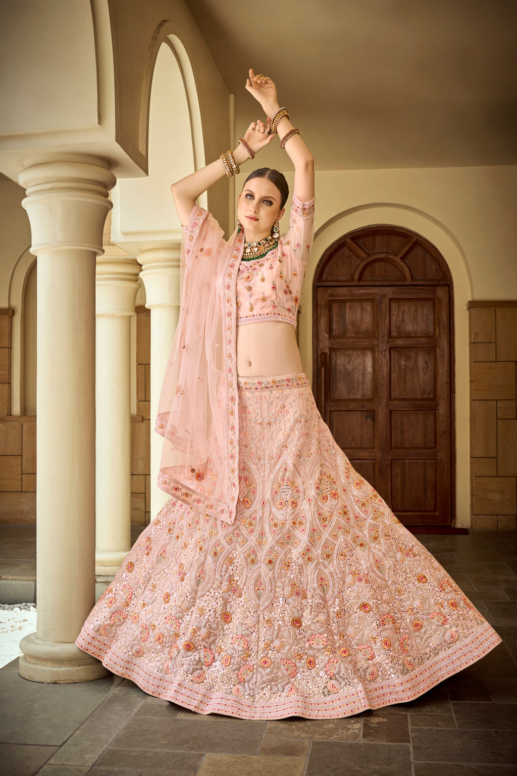 Net Heavy premium Embroidered pink Color lehenga with Sequins Work Using Zarkan & hand work Mirror Semi-Stitched Lehenga Choli.