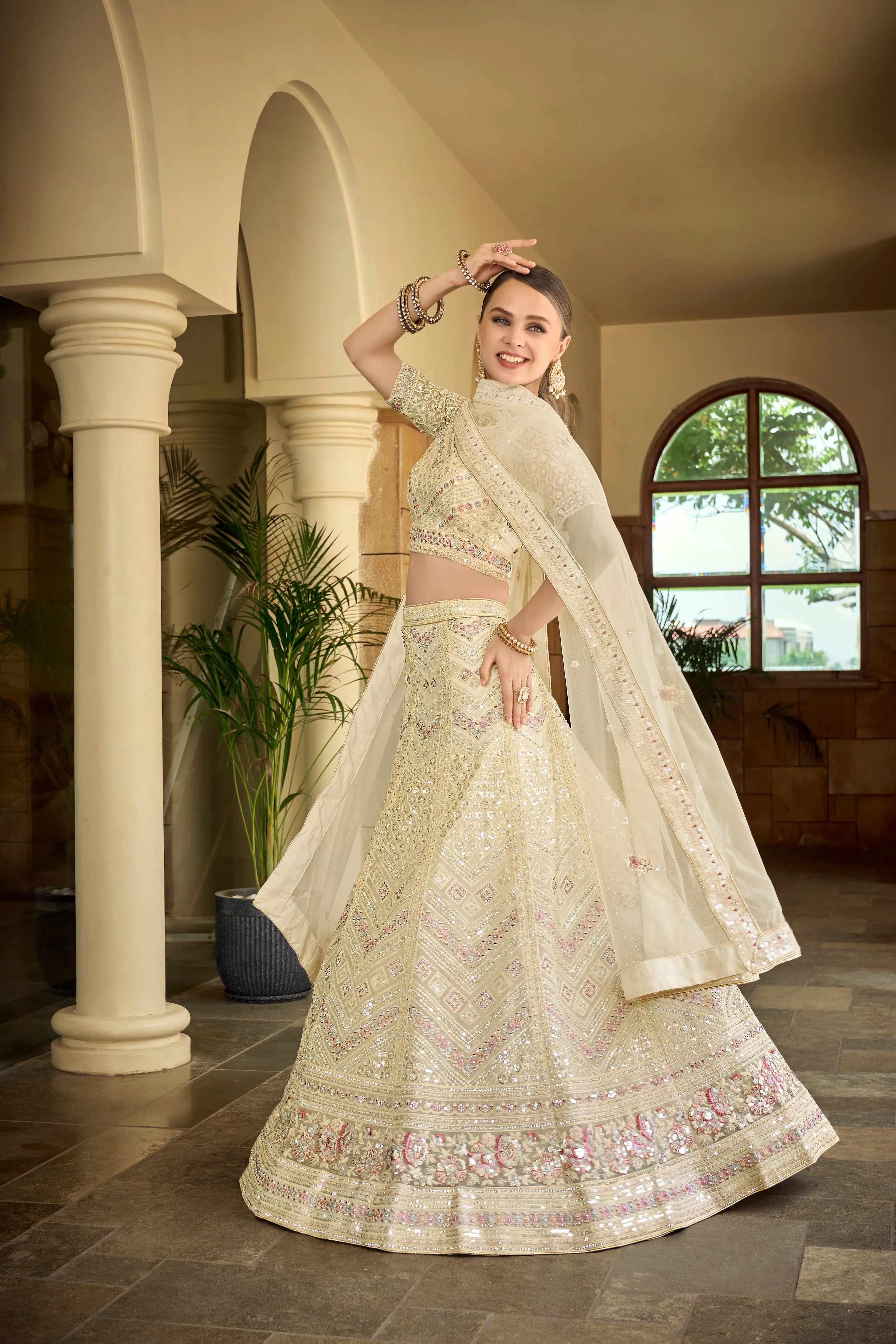 designer (tassar) off-white colour engagement & reception wear beautiful lehenga choli.😊