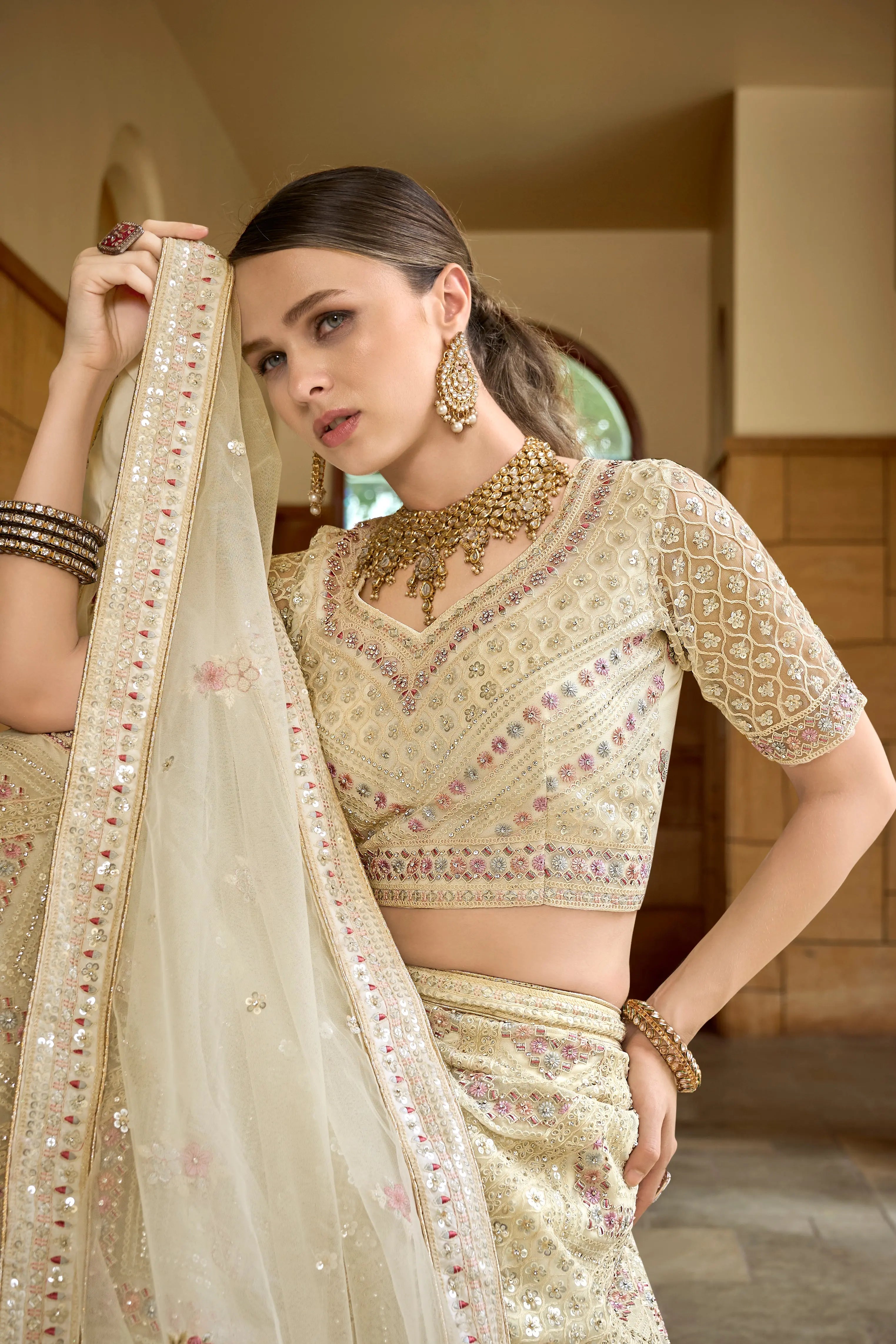 designer (tassar) off-white colour engagement & reception wear beautiful lehenga choli.😊