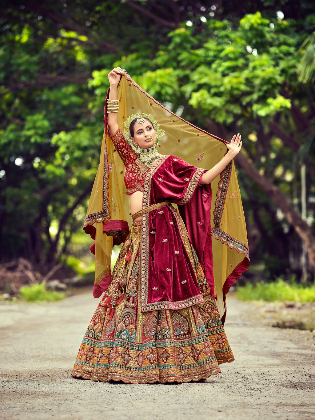 2026 elegant musterd  and lovely maroon designer bridal lehenga choli with double dupatta..
