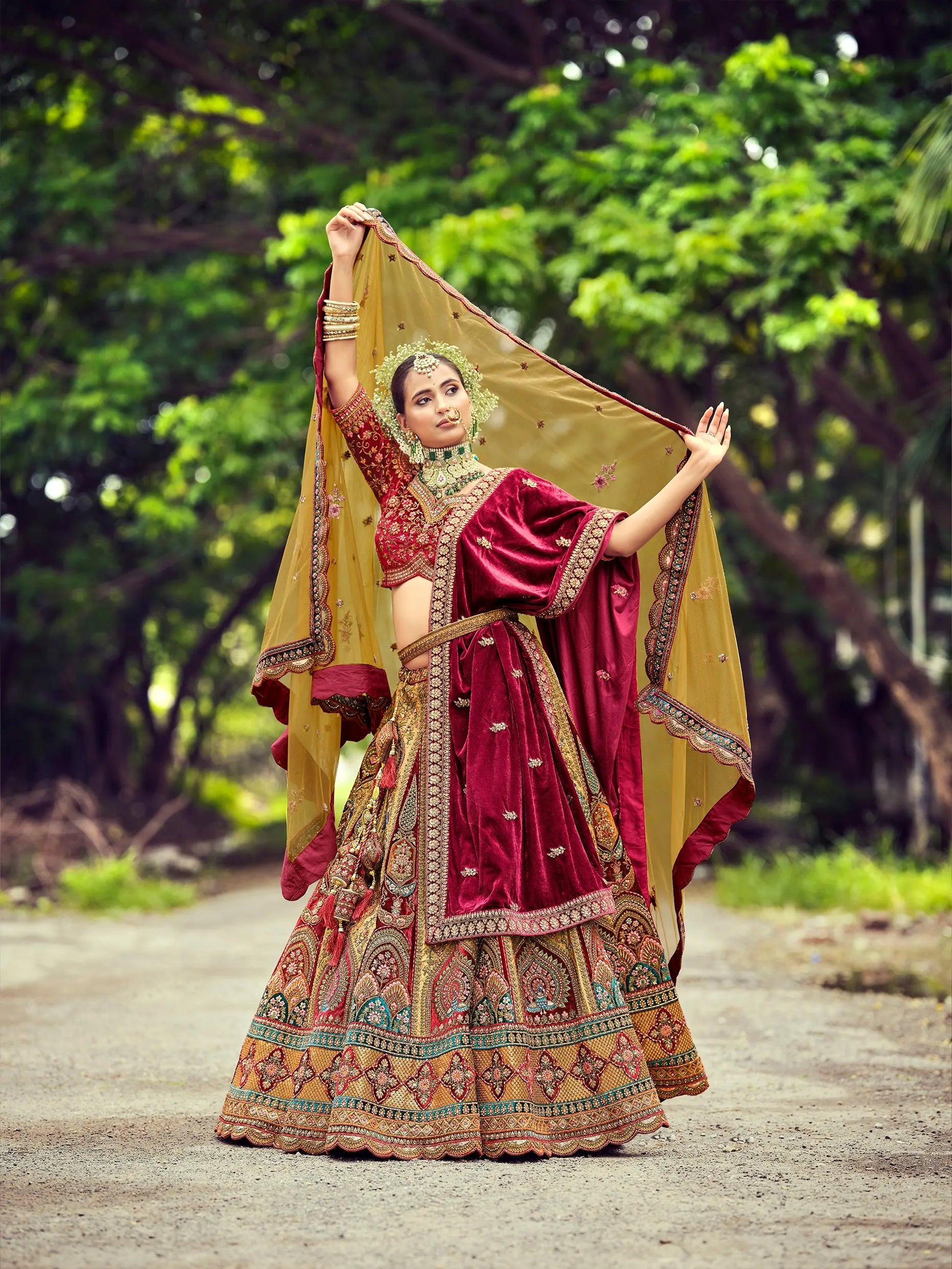 2026 elegant musterd  and lovely maroon designer bridal lehenga choli with double dupatta..