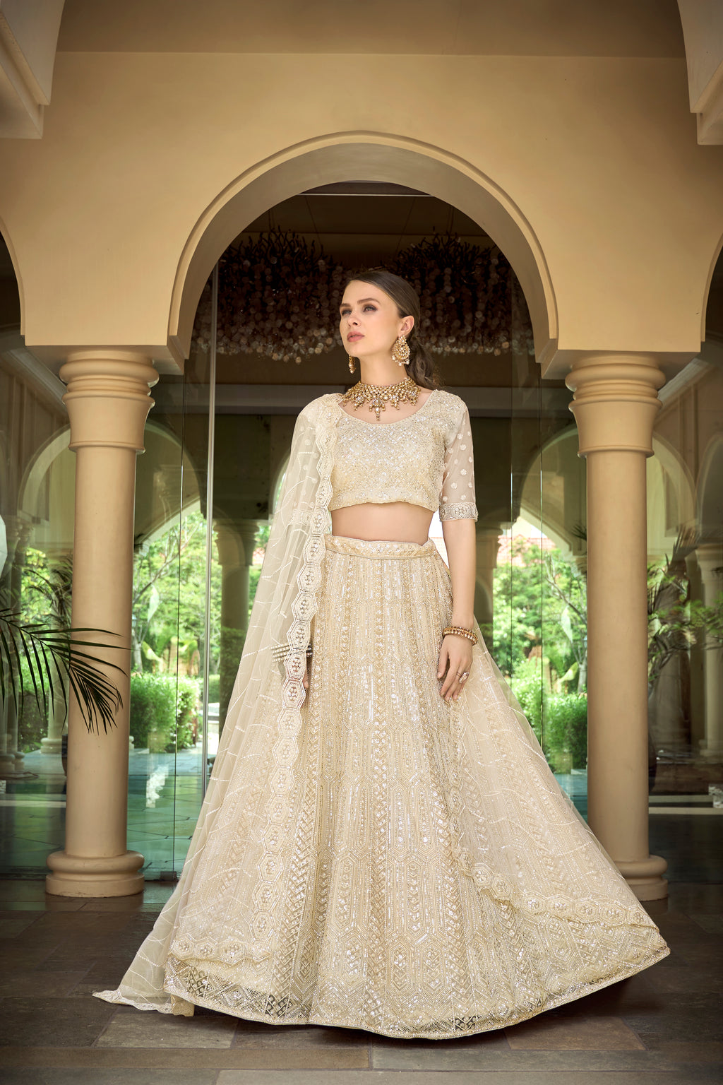 off-white nett party wearstunnig lehenga choli,, for reception wea...for 2026 bride....and girlish wear also....