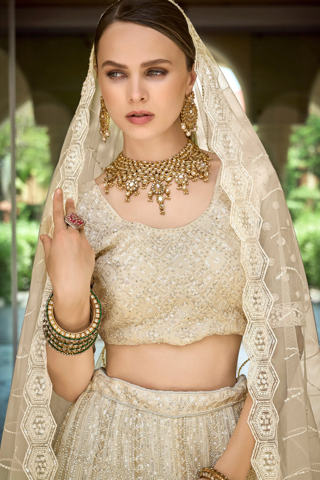 off-white nett party wearstunnig lehenga choli,, for reception wea...for 2026 bride....and girlish wear also....