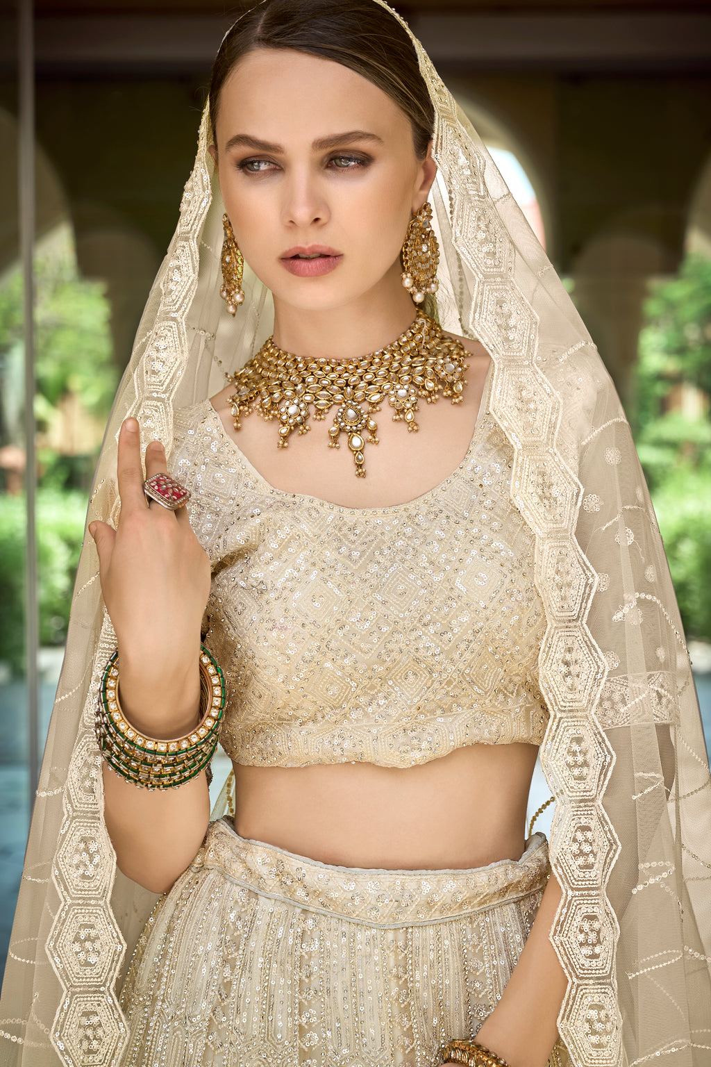 off-white nett party wearstunnig lehenga choli,, for reception wea...for 2026 bride....and girlish wear also....