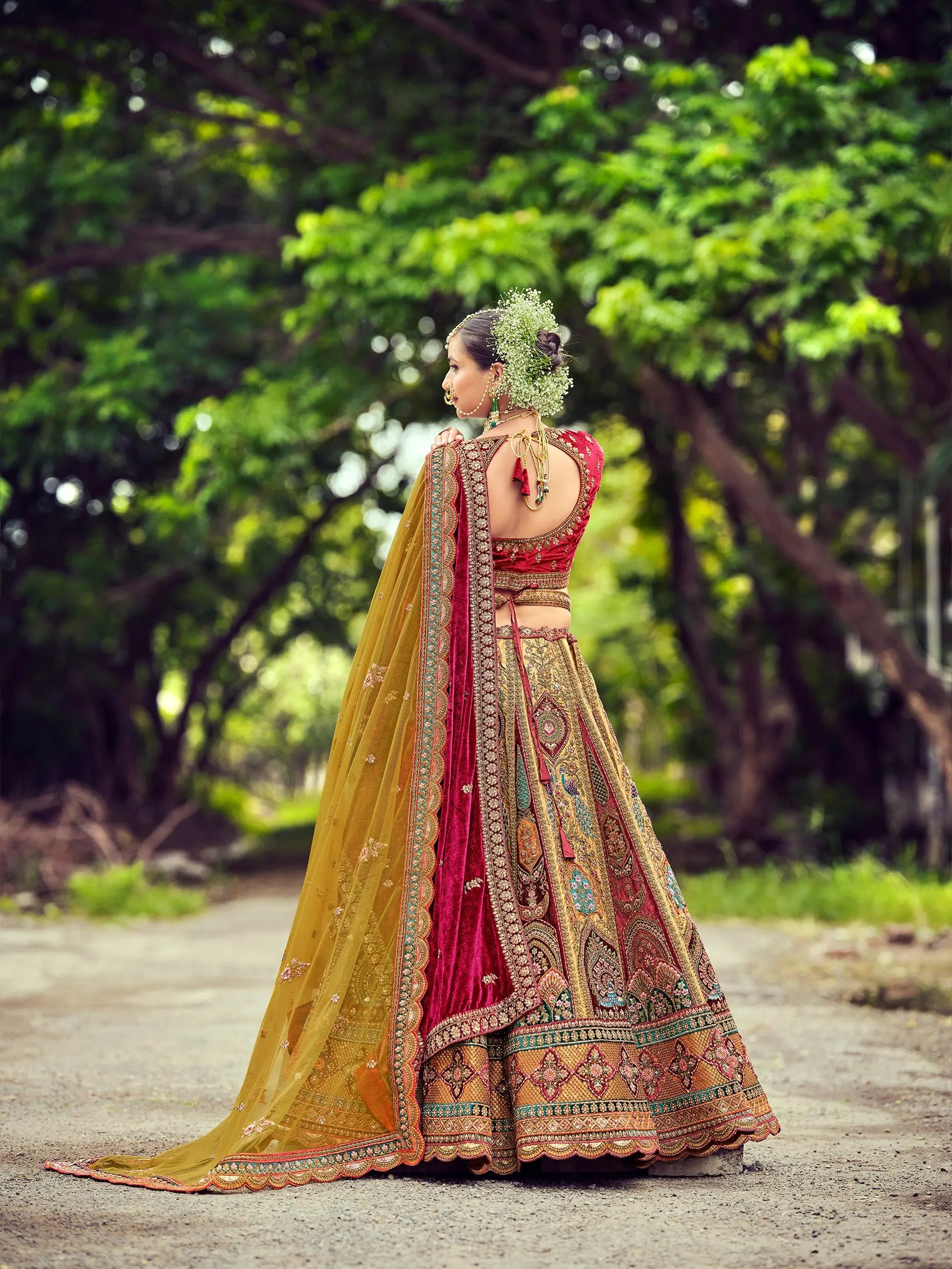 2026 elegant musterd  and lovely maroon designer bridal lehenga choli with double dupatta..