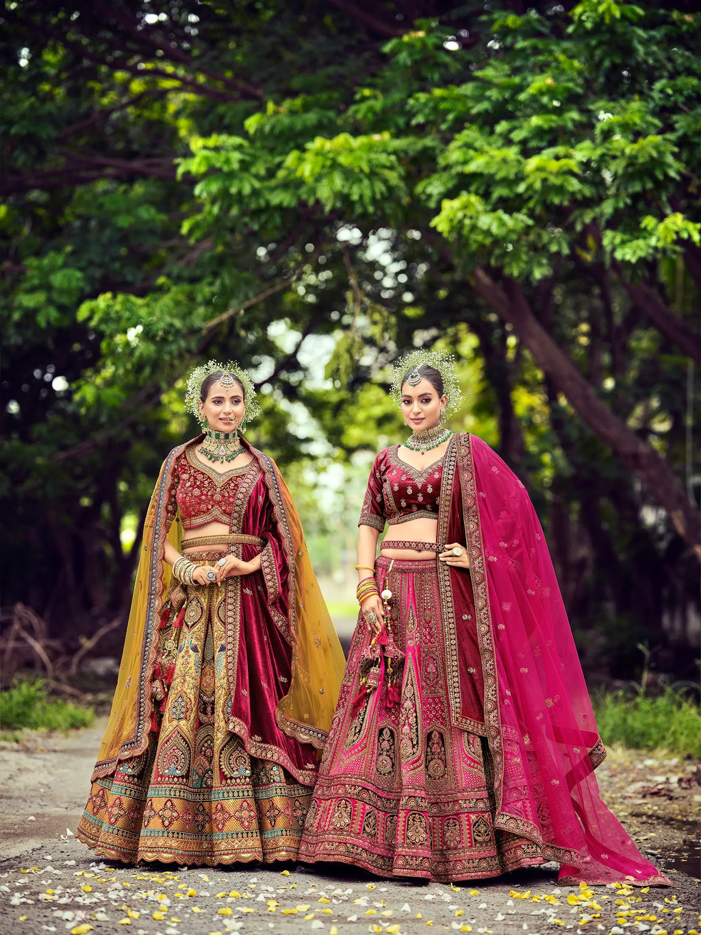 2026 elegant musterd  and lovely maroon designer bridal lehenga choli with double dupatta..