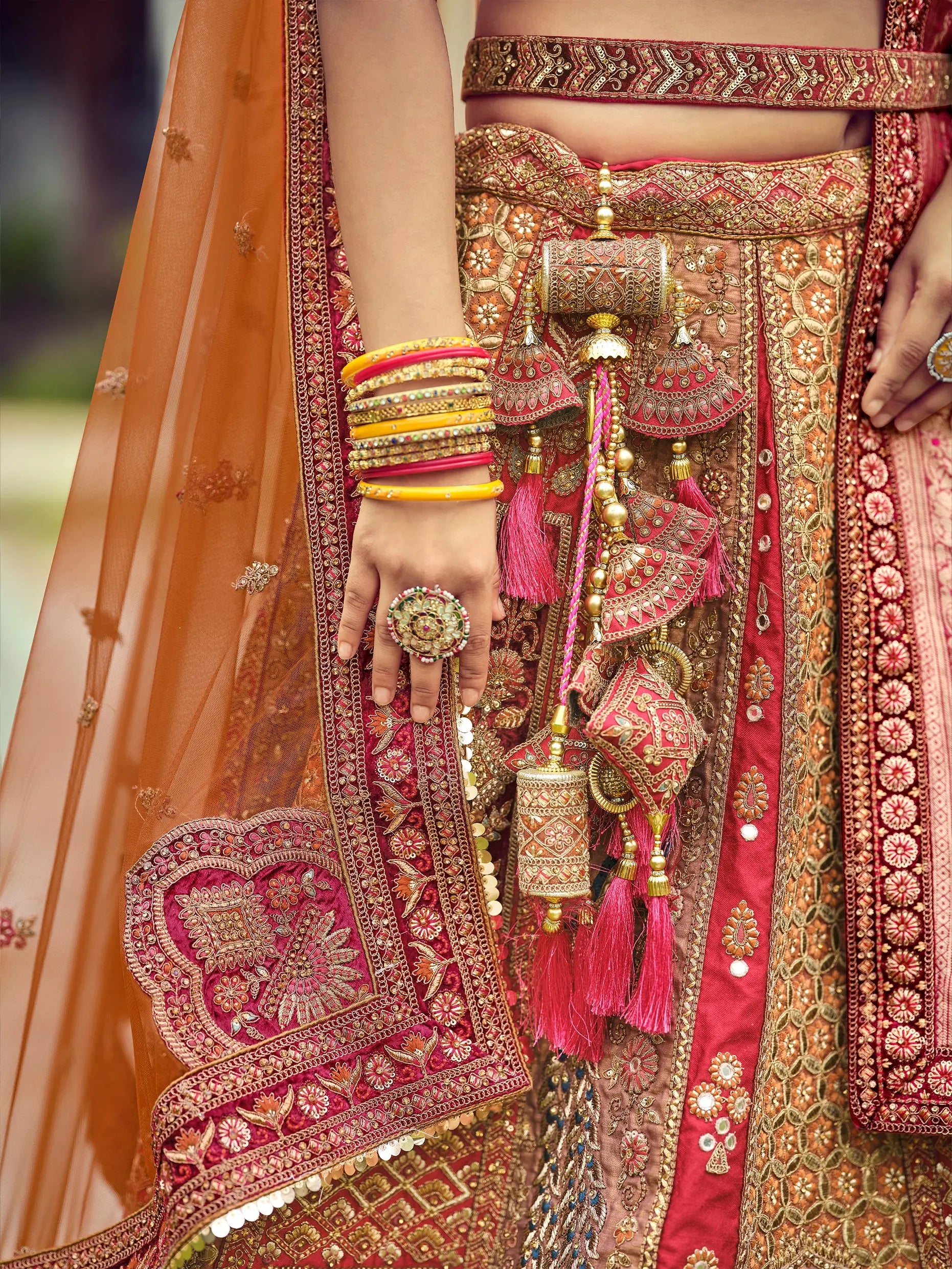 Dark red & Musterd 2026 premium  handwork  bridal lehenga choli with double dupatta.    a kind of rajwadi collection