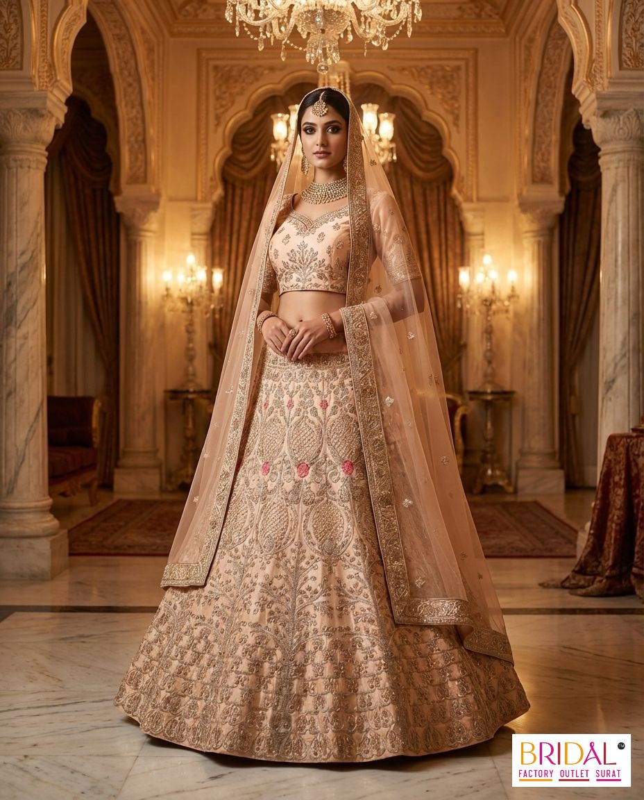 peach colour pastal heavy embroidery work and zarkhan hand work ,premium party wear lehenga choli