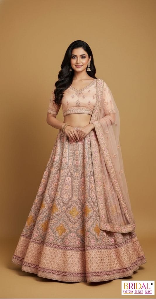 peach colour nice designer partywear& sangeet lehenga ..and also same design have four colour.