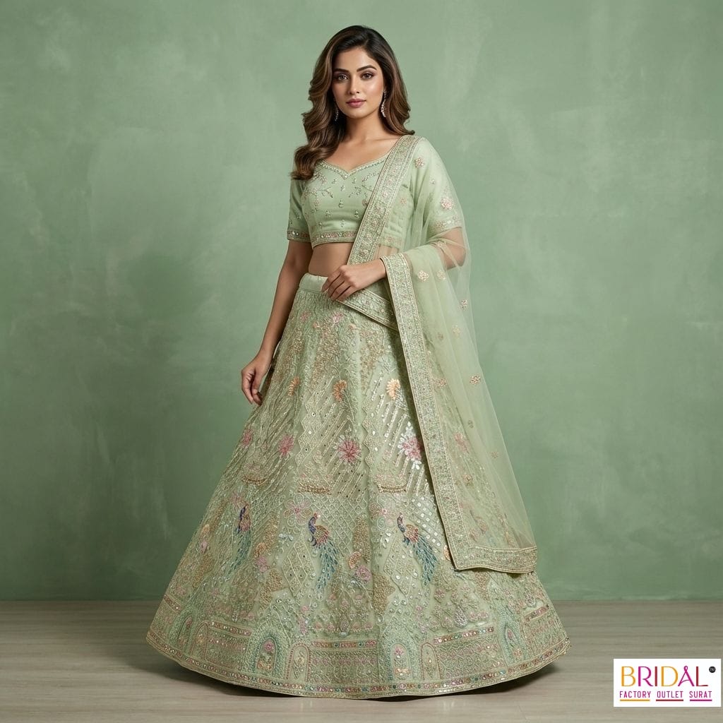 pista colour trending viral lehenga choli..premium qwallity.of bridal factory