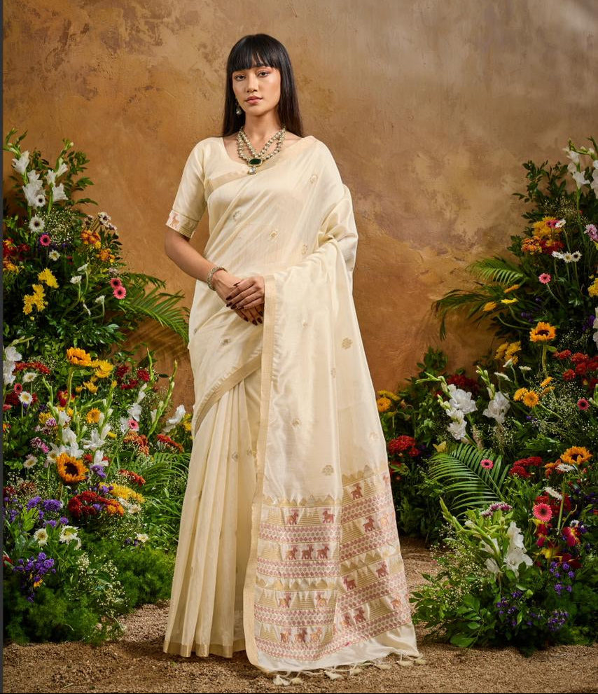 white colour tussar silk handloom weaving saree --006