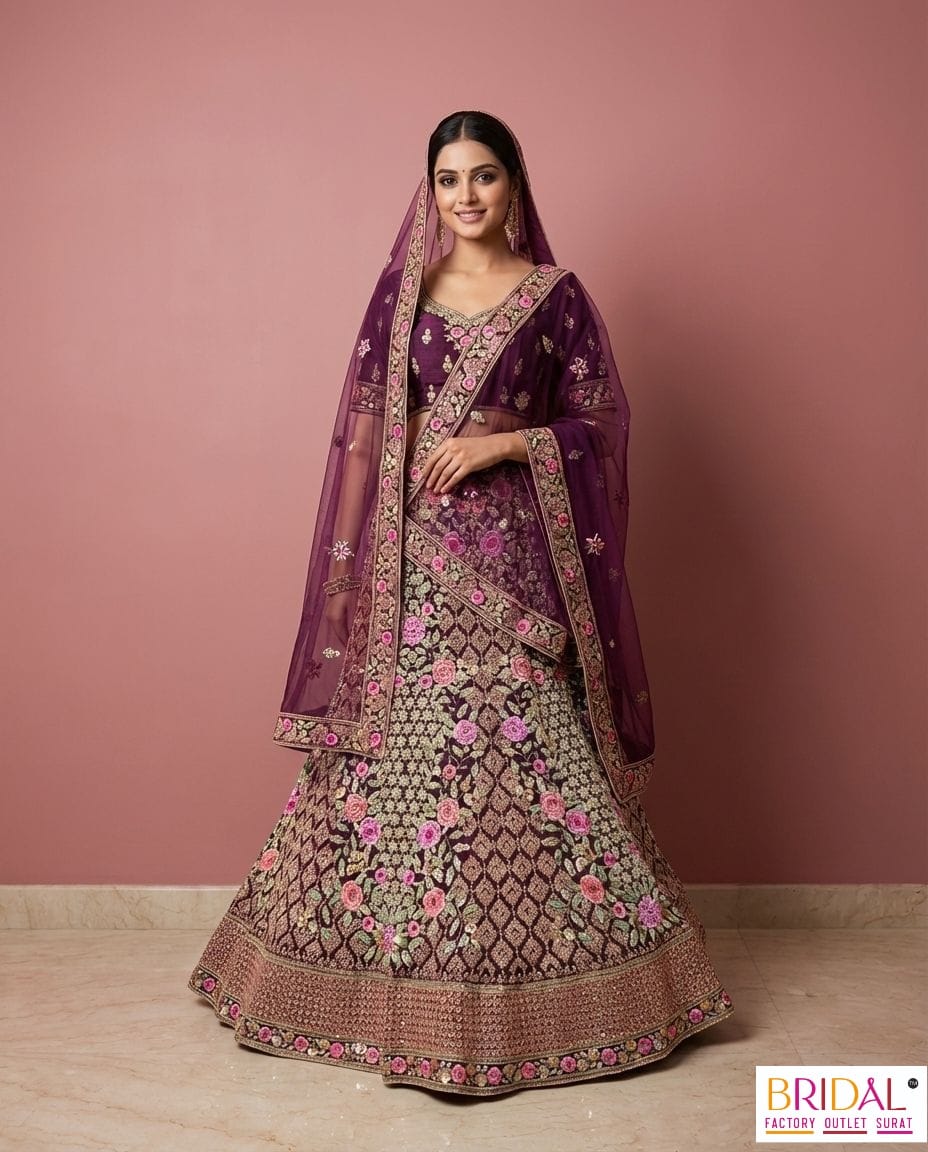 Wine colour nett heavy bridal and partywear lehenga choli