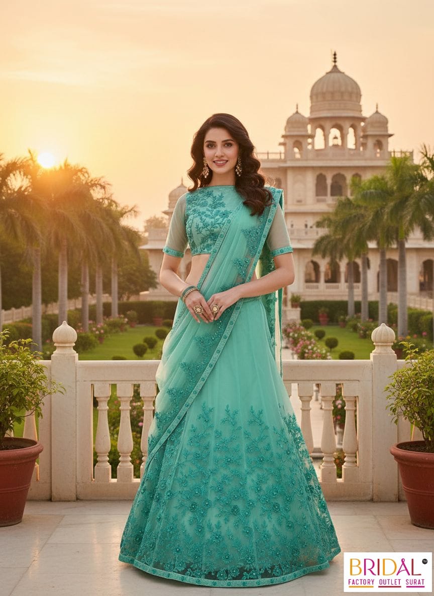 C green nett partywear embroidered lehenga choli.dno-780